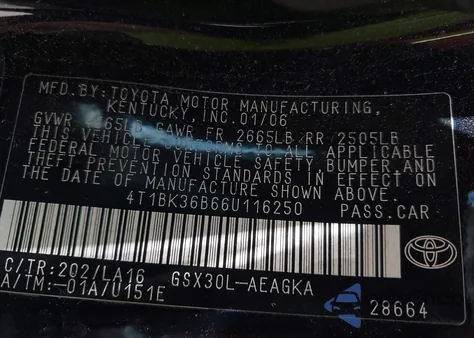 2006 Toyota Avalon Xls z USA, uszkodzony, nr VIN 4T1BK36B66U116250